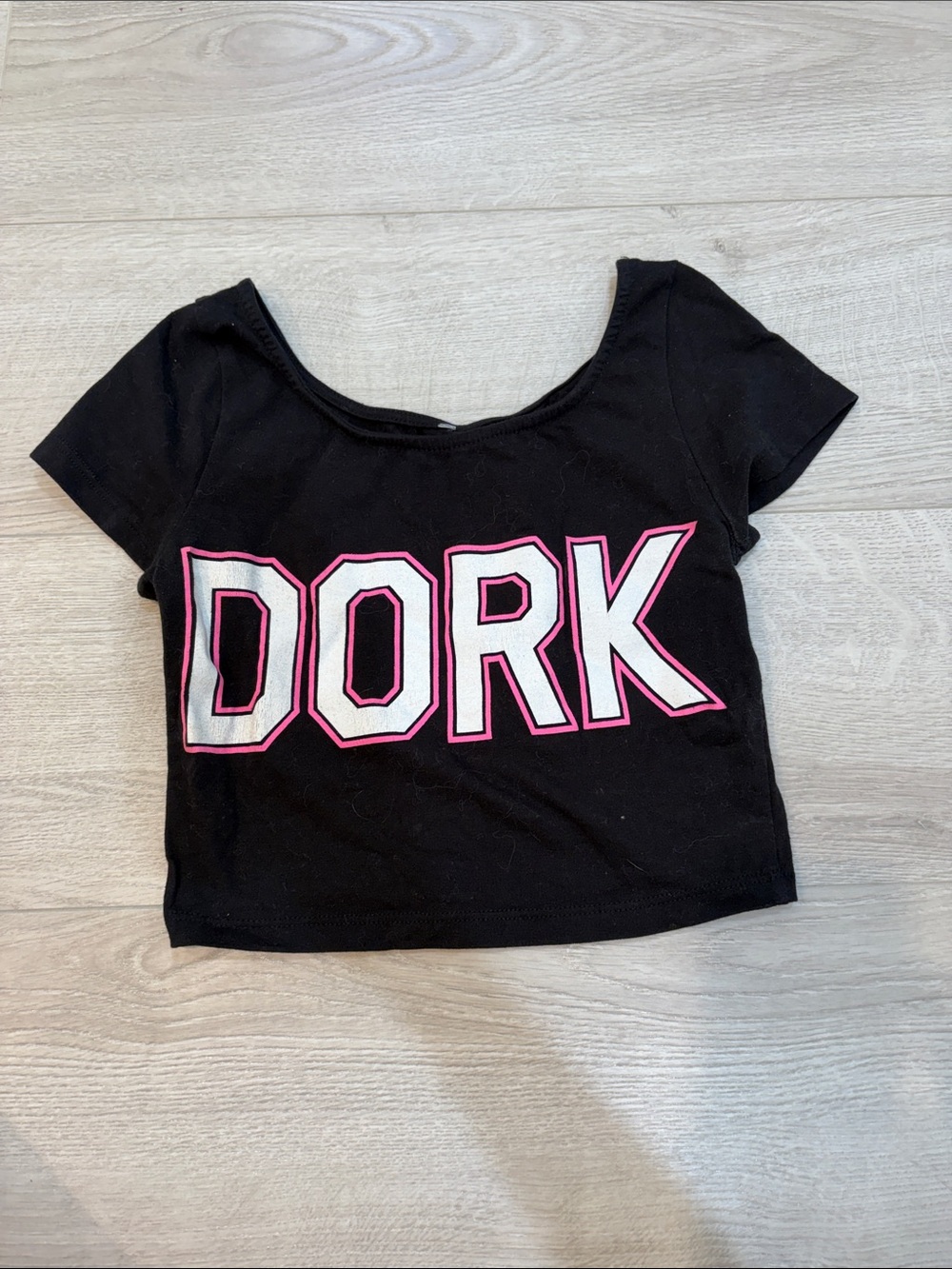 Black 'DORK' Graphic Crop Top with Pink & White Lettering